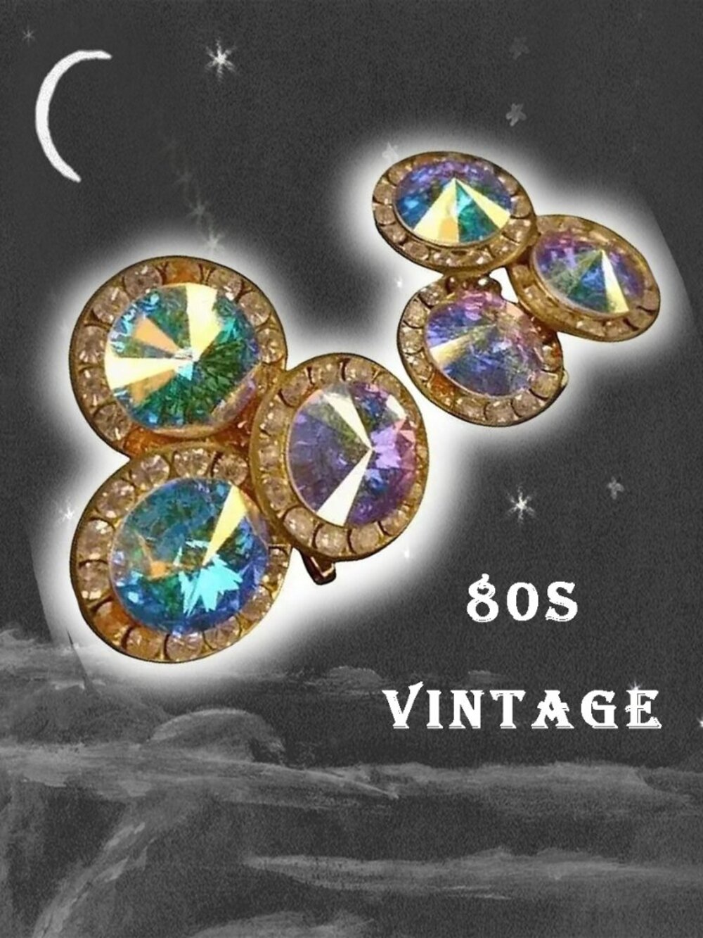 Aurora Rhinestone Clip On Earrings GLITZY Clipons Heavy Sparkle 80s Vintage